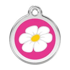 Red Dingo Stainless Steel Engraved Dog Tag Daisy Flower Hot Pink