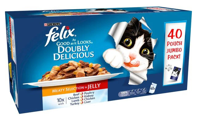 40 X 100g Felix Doubly Delicious Meaty Selection In Jelly Pouches 3 40 X 100g Felix Doubly Delicious Meaty Selection In Jelly Pouches