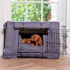 Lords & Labradors Dog Crate Set In Oxford Blue Herringbone -Pet Life Shop herringbone oxford set